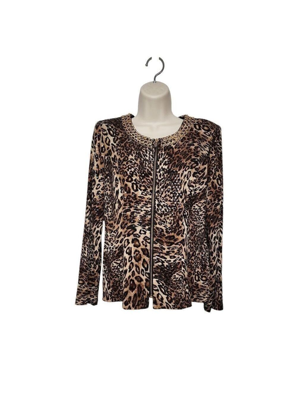 MSK Women's Full Zipper Animal Print Long Sleeve Blouse Size M Color Brown/Black